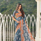 Bluish Grey & Orange Printed Handloom Cotton Saree