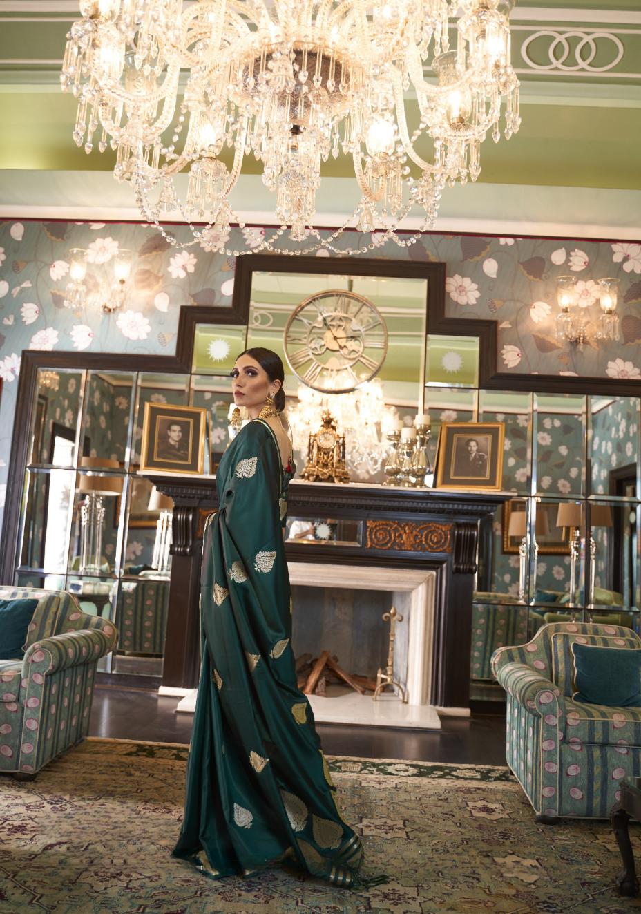 Pine Green Zari Spades Satin Silk Saree