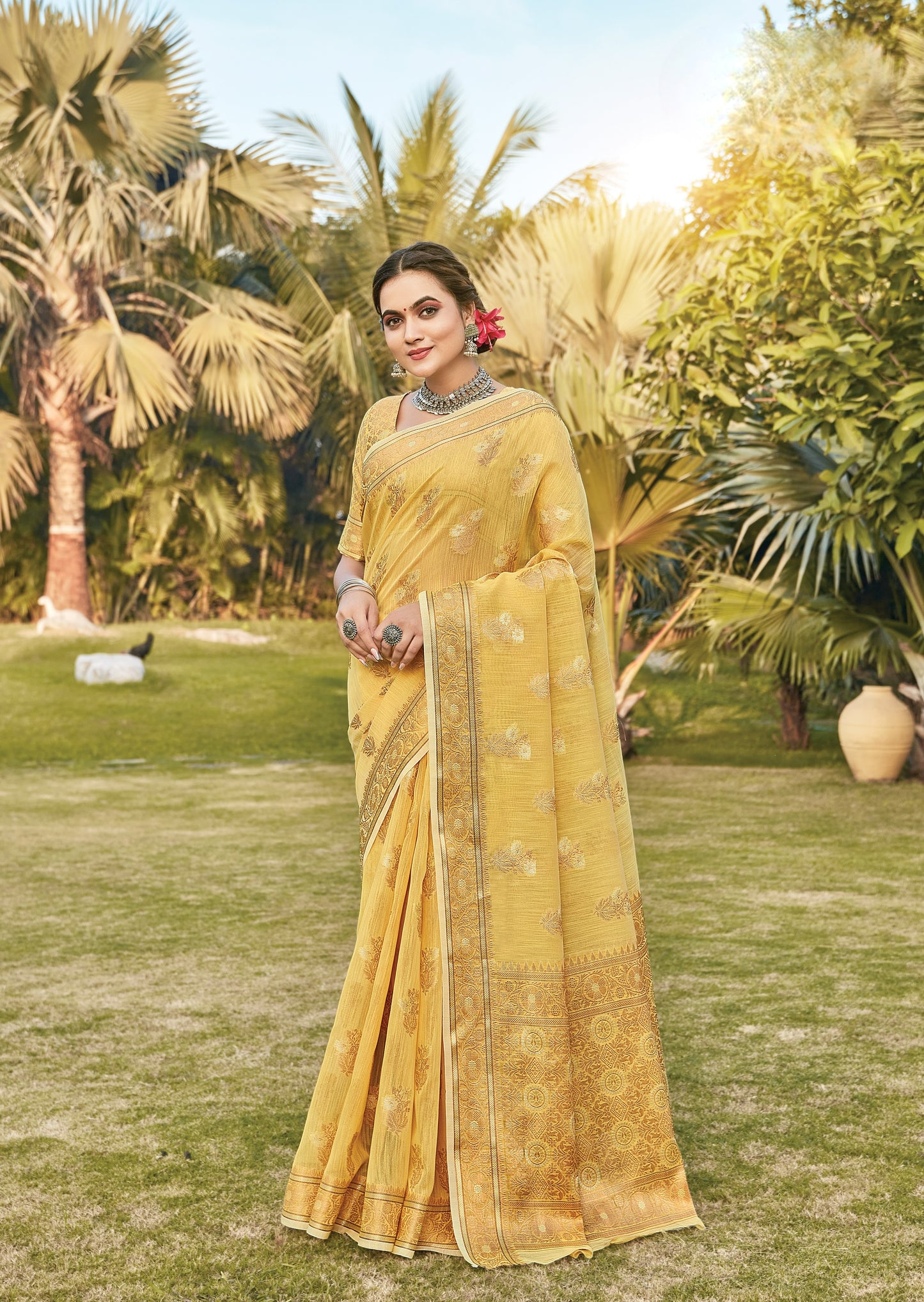 Macaroon Yellow Zari Woven Linen Silk Saree