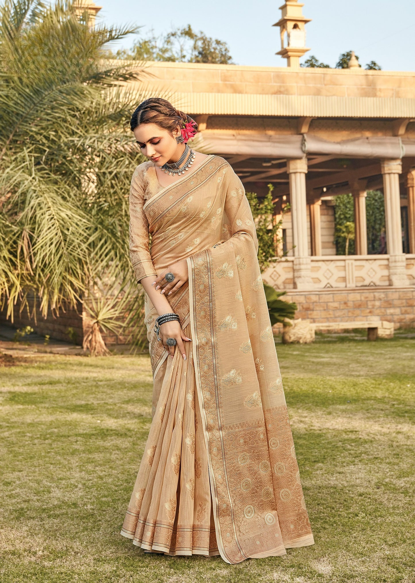 Tortilla Brown Zari Woven Linen Silk Saree