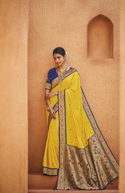 Cadmium Yellow Paithani Silk Saree With Designer Blouse