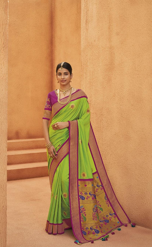 Bright Green Paithani Silk Saree With Designer Blouse