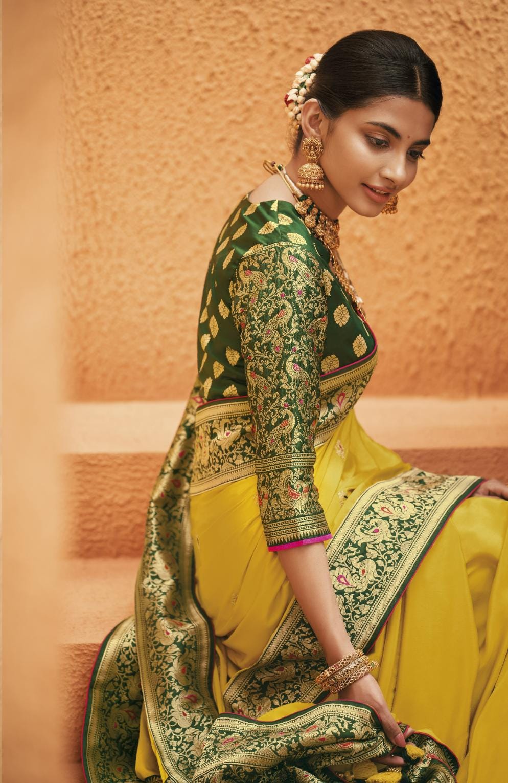 Bright Yellow Paithani Silk Saree With Designer Blouse