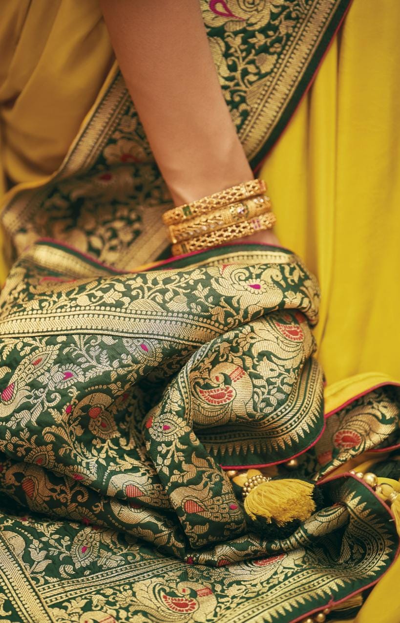 Bright Yellow Paithani Silk Saree With Designer Blouse