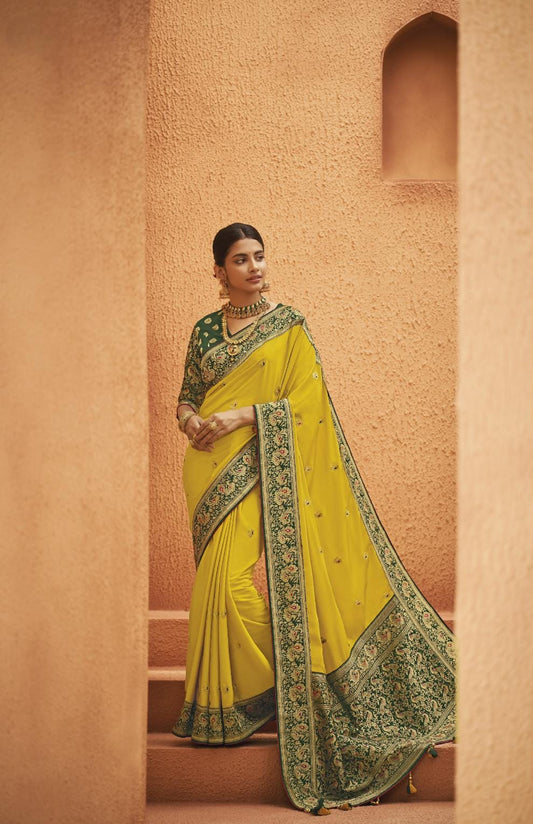 Bright Yellow Paithani Silk Saree With Designer Blouse