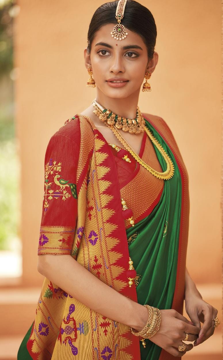 Forest Green Paithani Silk Saree With Designer Blouse