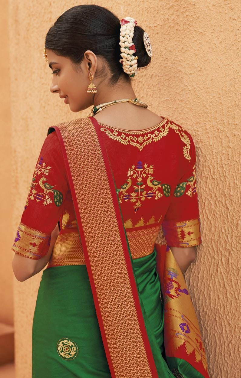 Forest Green Paithani Silk Saree With Designer Blouse