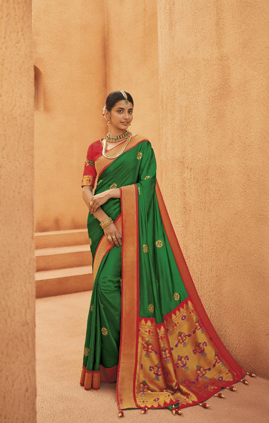 Forest Green Paithani Silk Saree With Designer Blouse