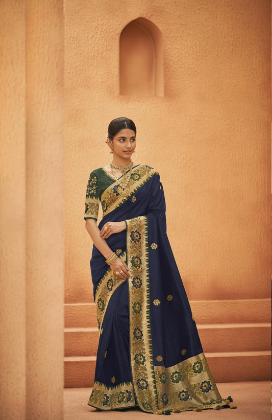 Navy Blue Banarasi Silk Saree With Designer Blouse