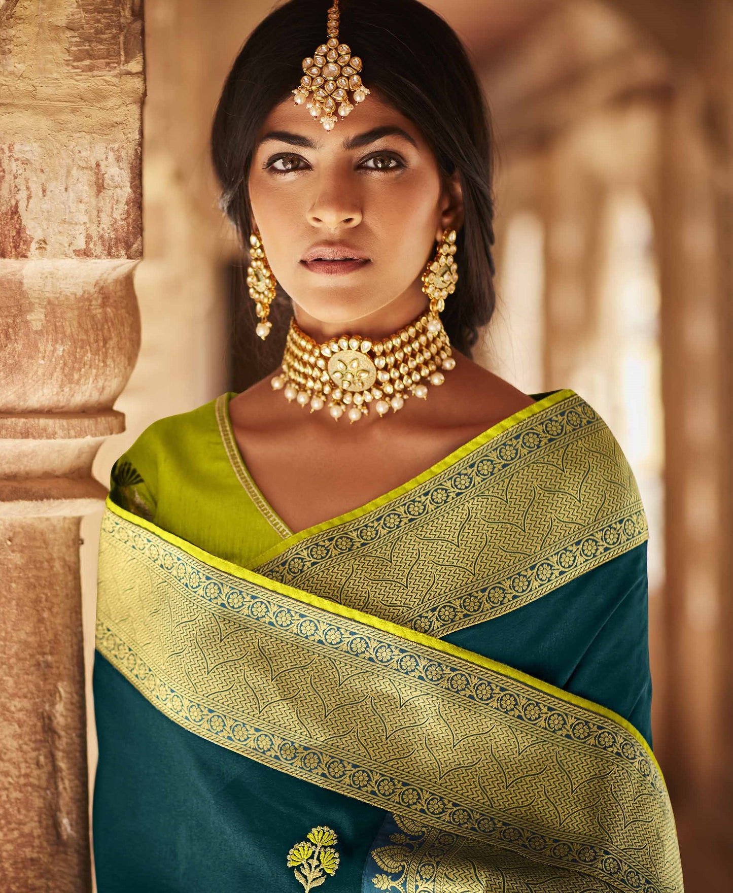 Seaweed Green Silk Saree With Designer Blouse