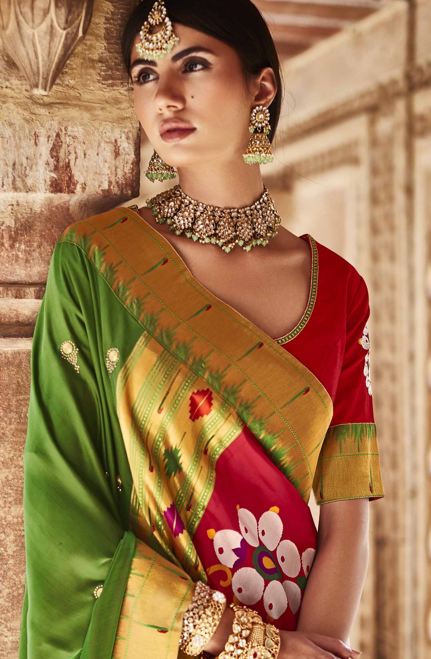Parrot Green Paithani Saree With Designer Blouse