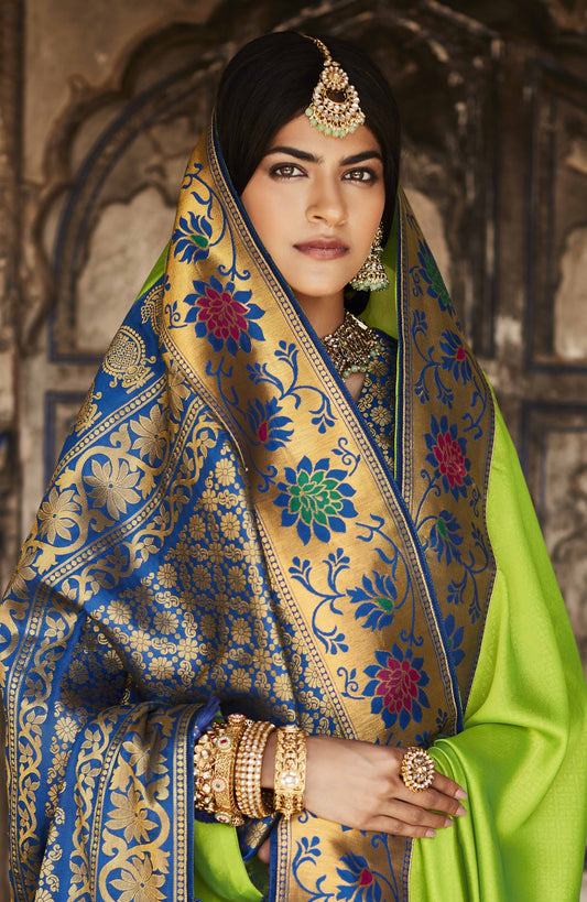 Chartreuse Green Silk Saree With Designer Blouse