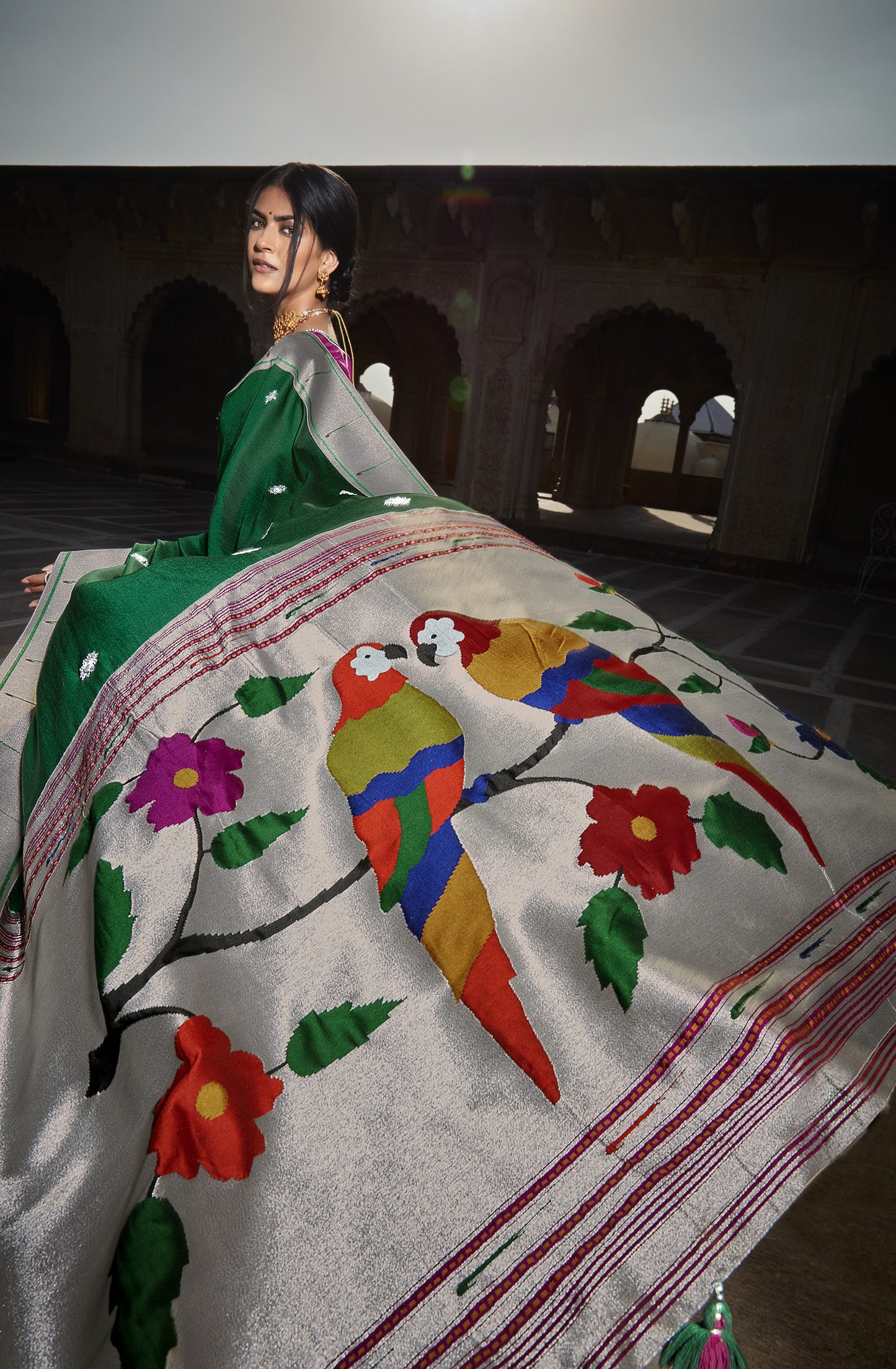Forest Green Paithani Saree With Designer Blouse