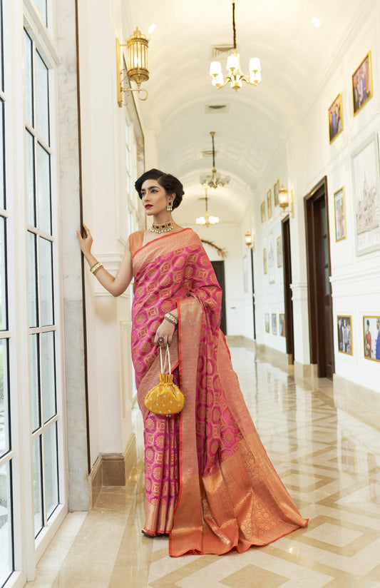 Rose Pink Weaved Patola Silk Saree