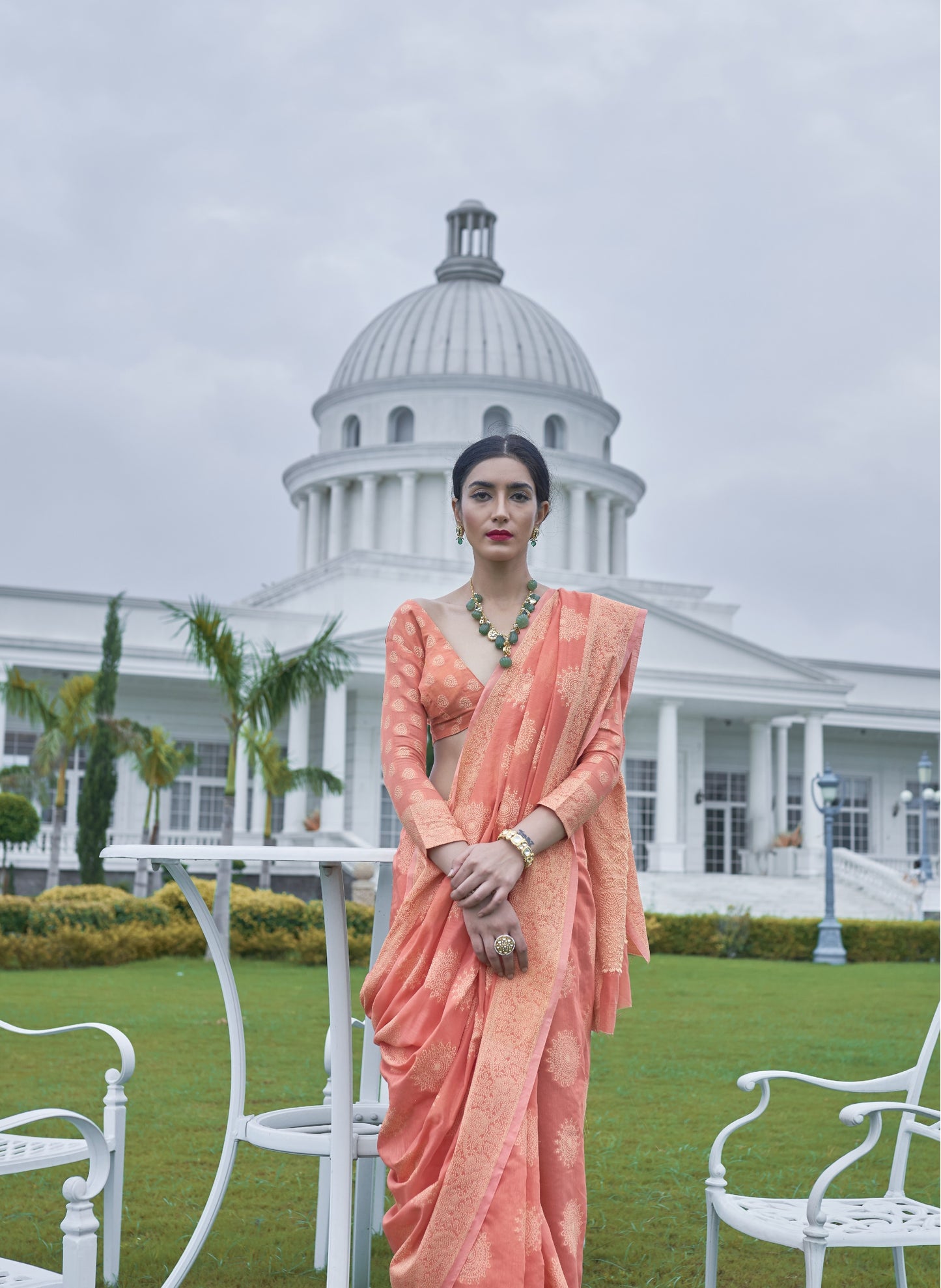 Apricot Peach Weaved Lucknowi Chikankari Saree