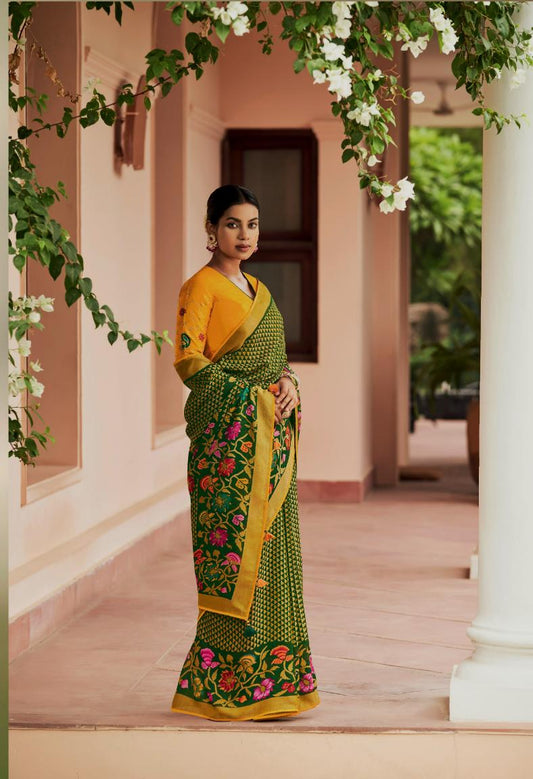 Green & Yellow Brasso Saree With Embroidered Blouse