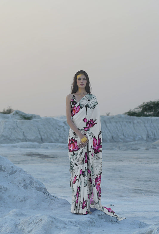 Lotus Print Satin Crepe Silk Saree