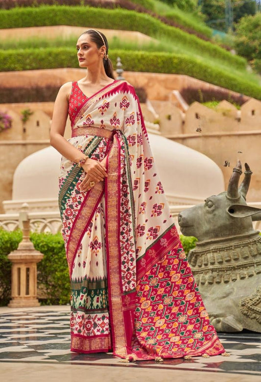 Pearl White Patola Silk Saree