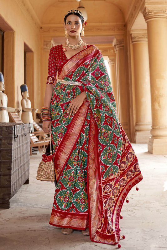 Red & Green Patola Silk Saree