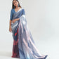 Blue and Red Printed Satin Crepe Silk Saree