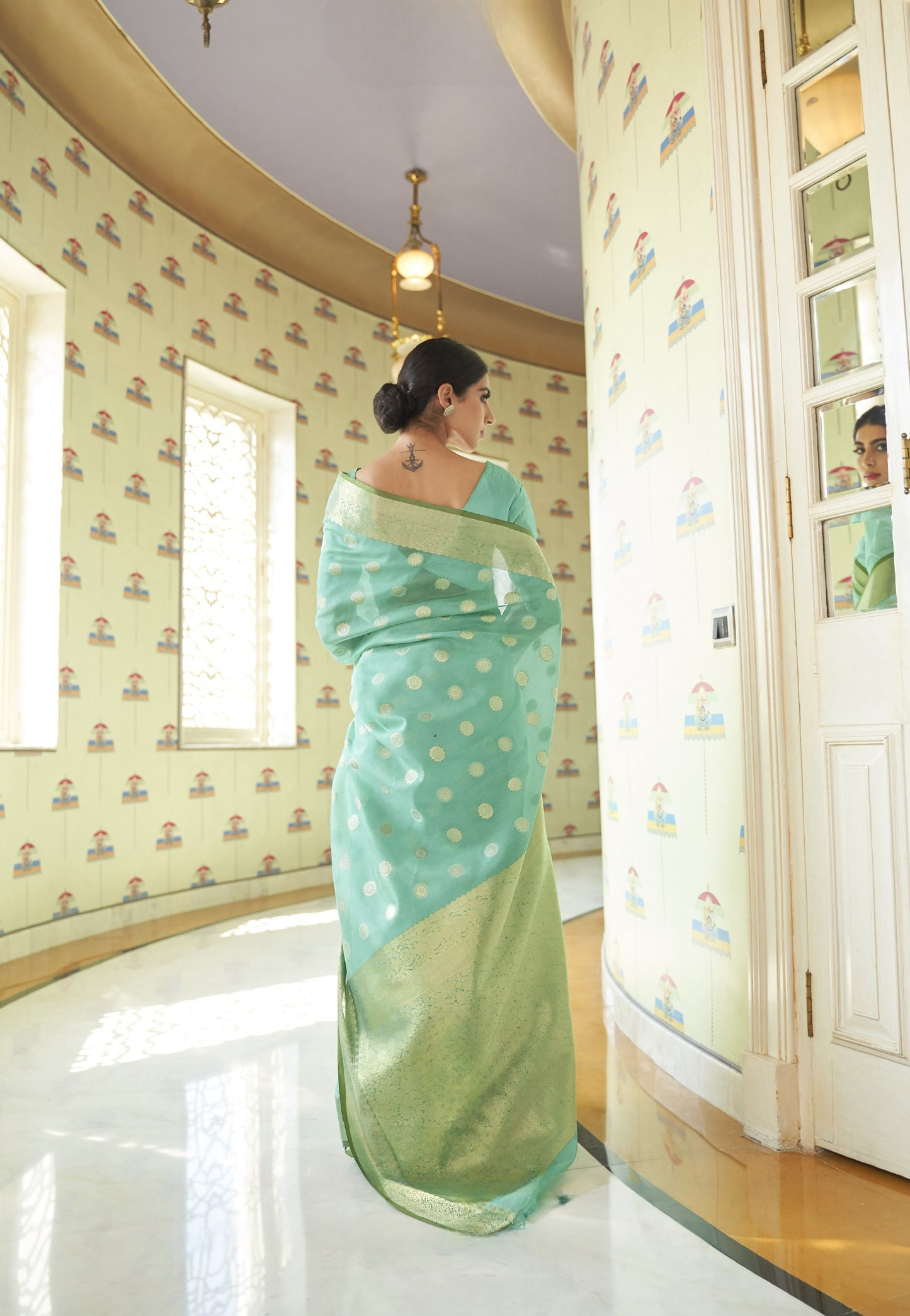 Silvertree Turquoise Zari Woven Linen Saree