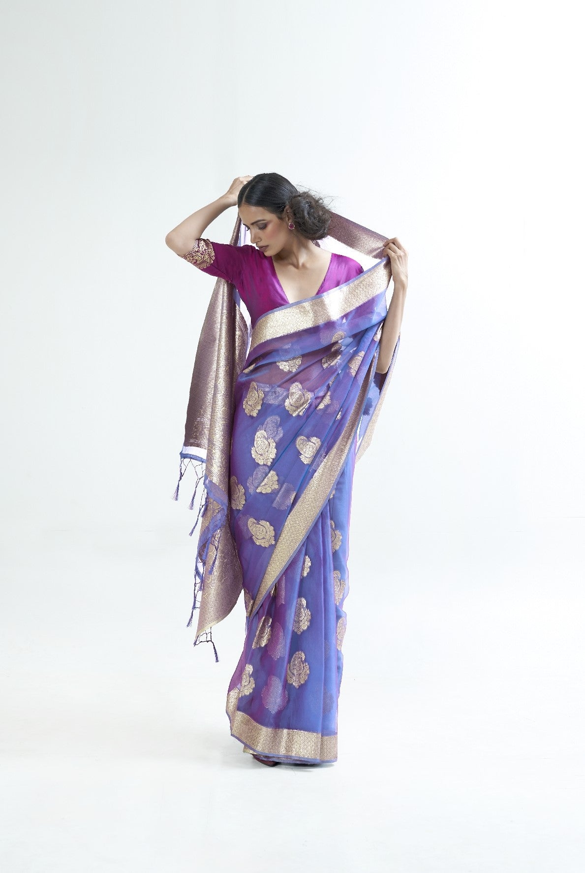 Blue Marguerite Organza Silk Saree