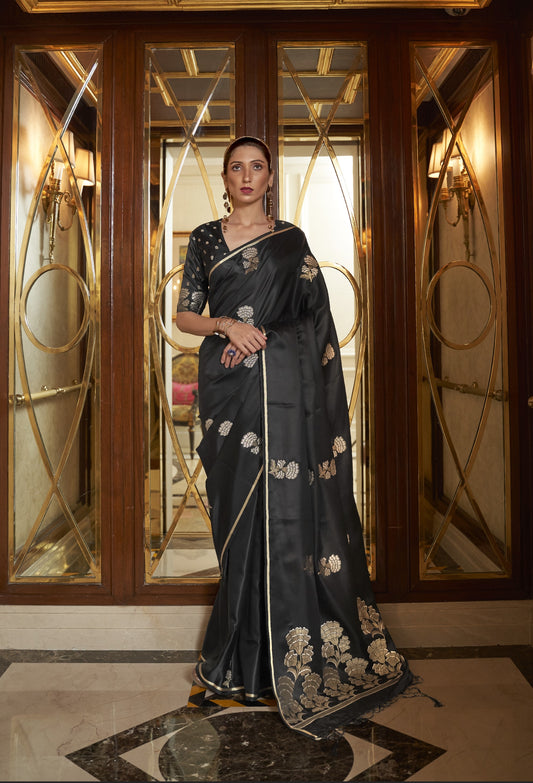 Midnight Black Satin Silk Saree