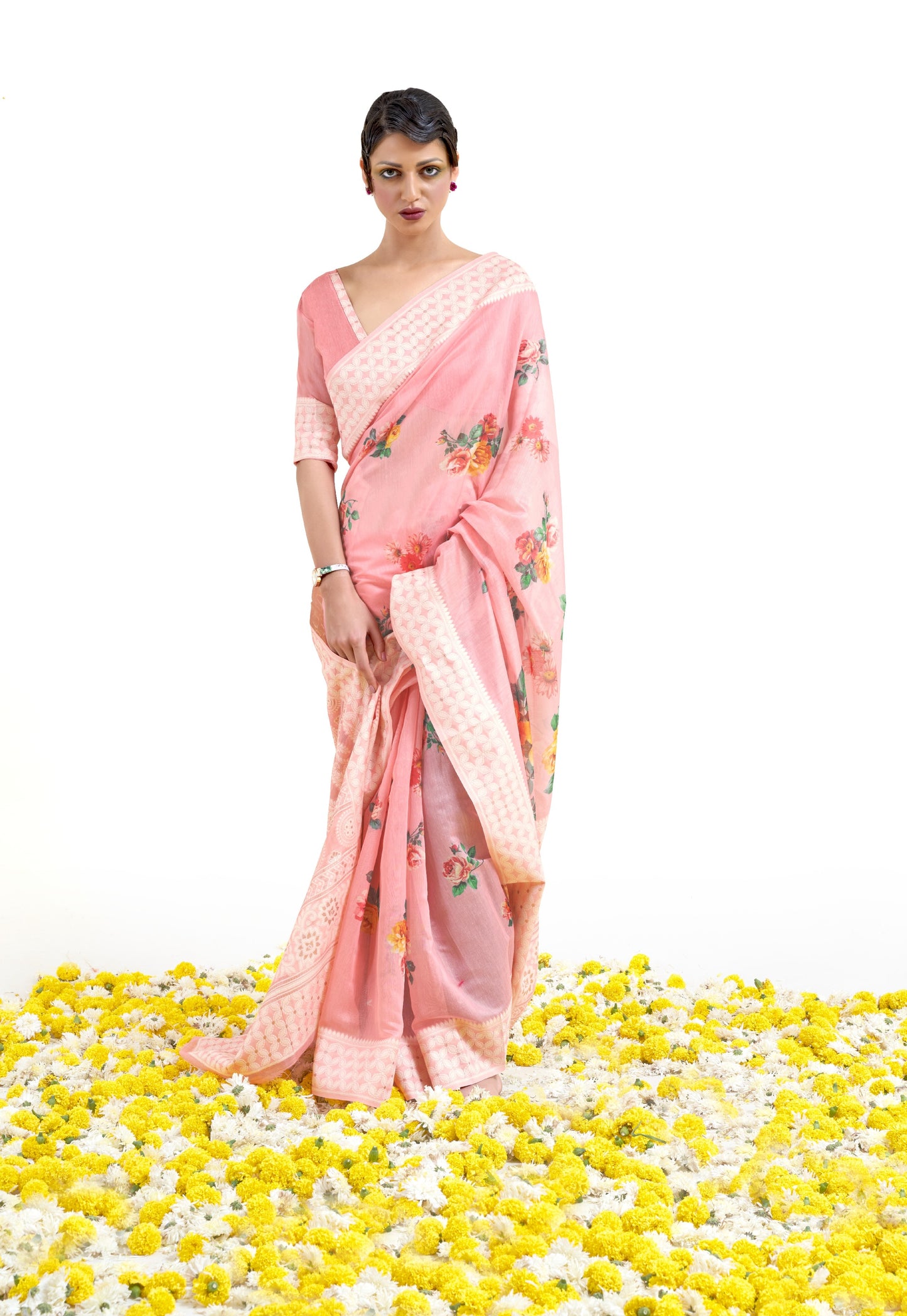 Lemonade Pink Floral Print Lucknowi Chikankari Saree