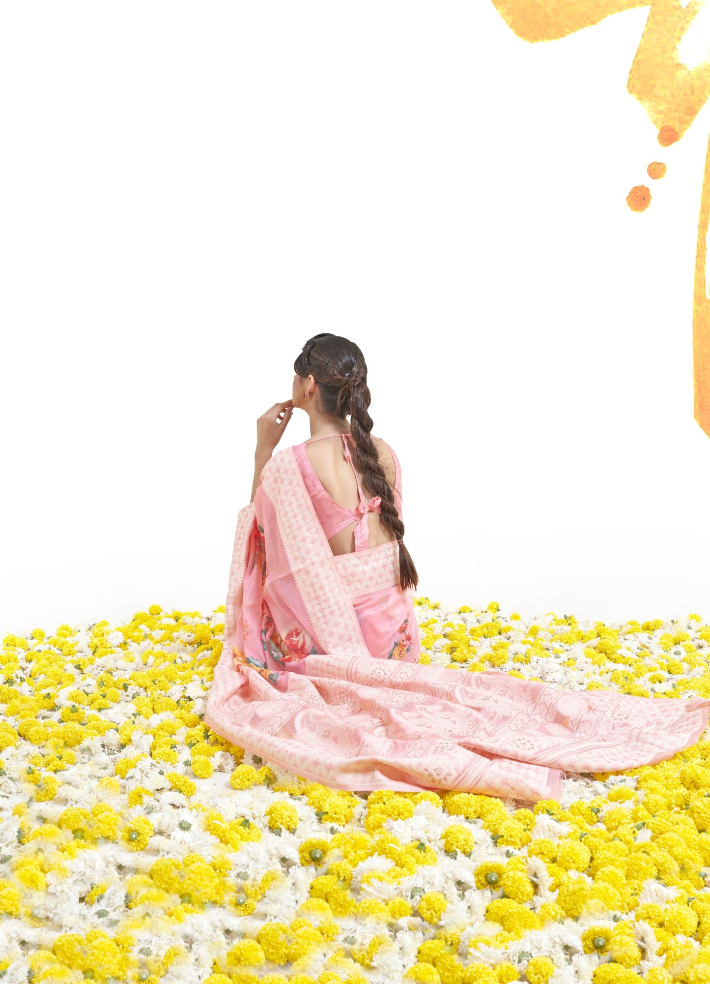 Lemonade Pink Floral Print Lucknowi Chikankari Saree
