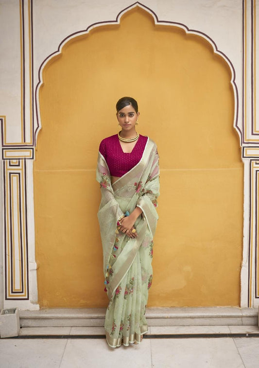 Mint Green Digital Printed Organza Silk Saree