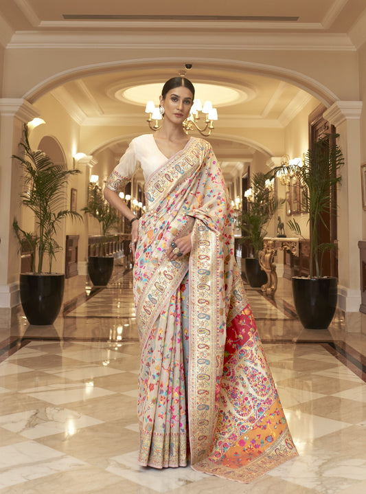 Ivory White Kashmiri Kani Jamewar Saree