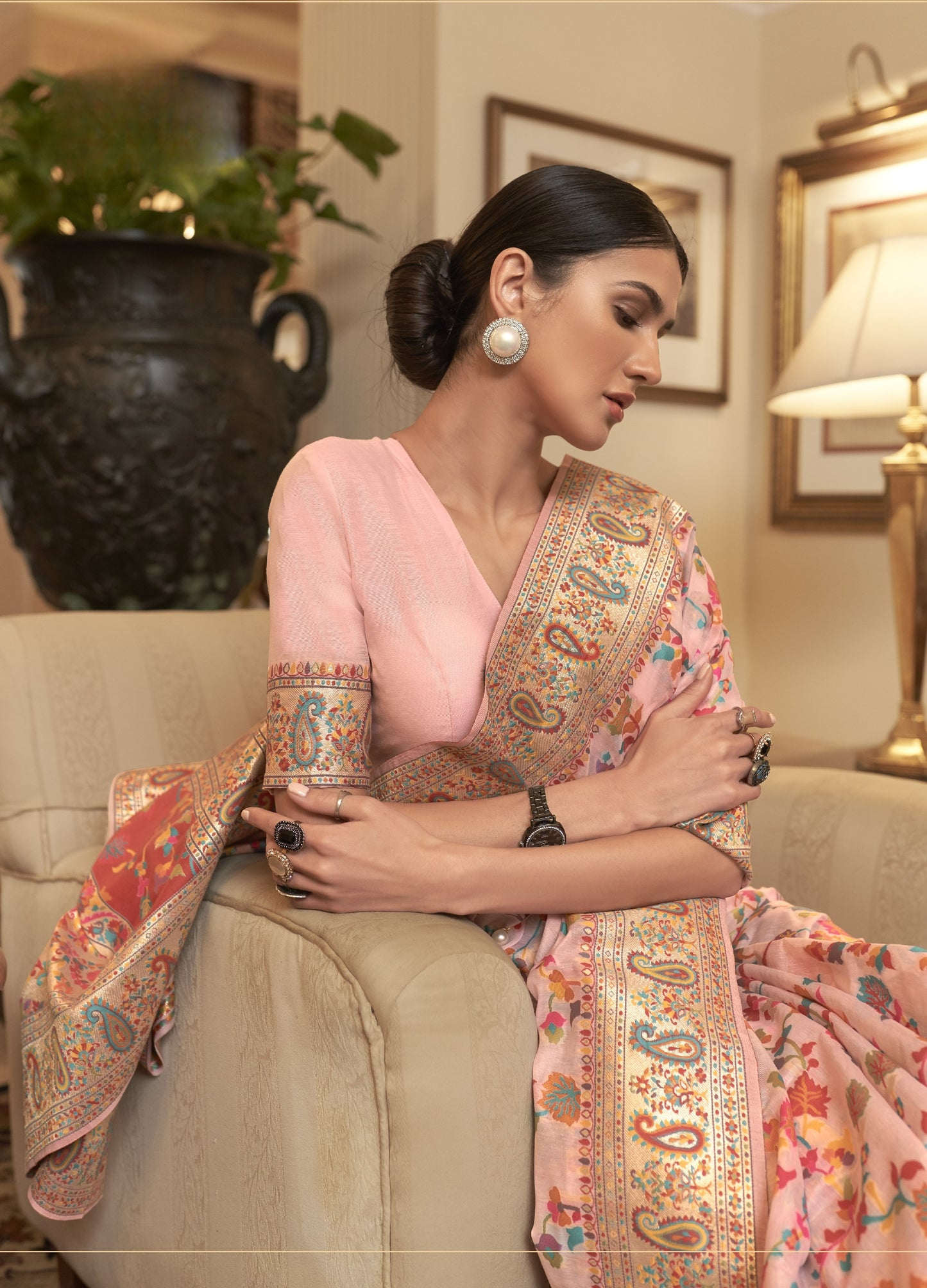 Apricot Peach Kashmiri Kani Jamewar Saree