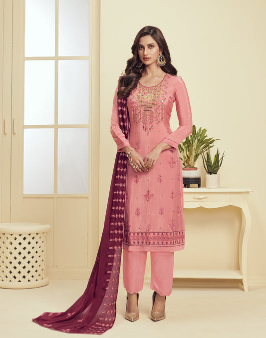 Pink & Magenta Embroidered Straight Salwar Suit
