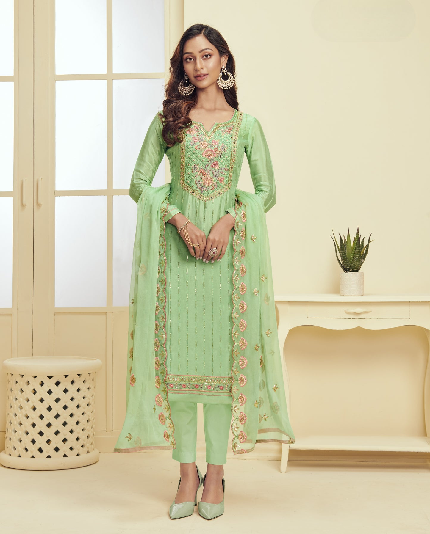 Seafoam Green Embroidered Straight Salwar Suit