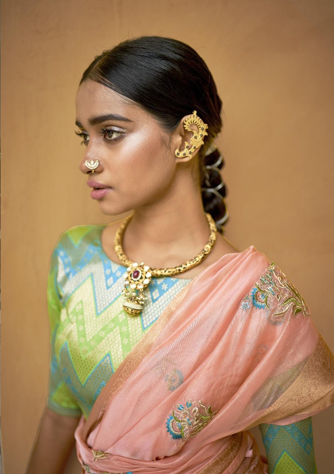 Pastel Peach Embroidered Organza Silk Saree
