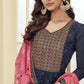Navy Blue & Pink Embroidered Straight Salwar Suit