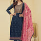 Navy Blue & Pink Embroidered Straight Salwar Suit