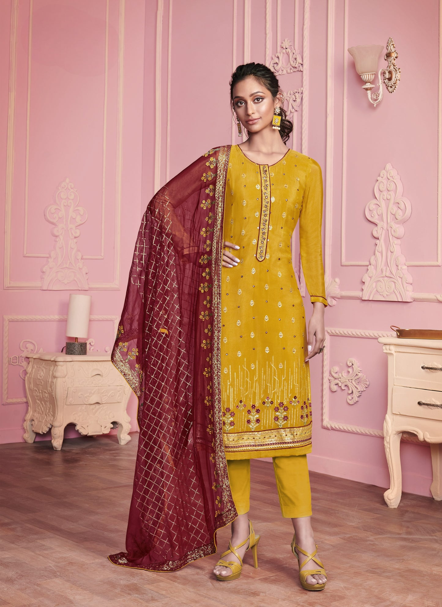 Mustard Yellow Embroidered Straight Salwar Suit