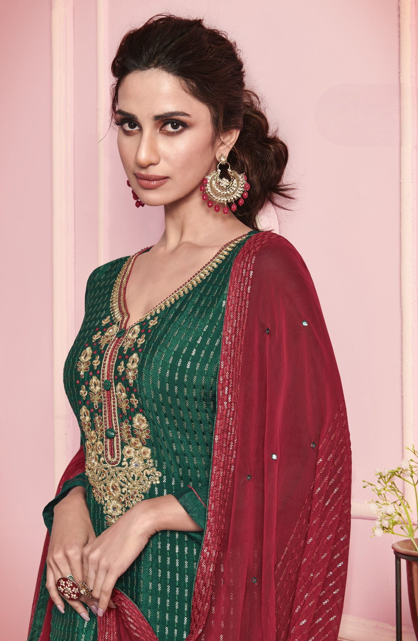 Green & Red Embroidered Straight Salwar Suit
