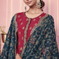 Red & Blue Embroidered Straight Salwar Suit