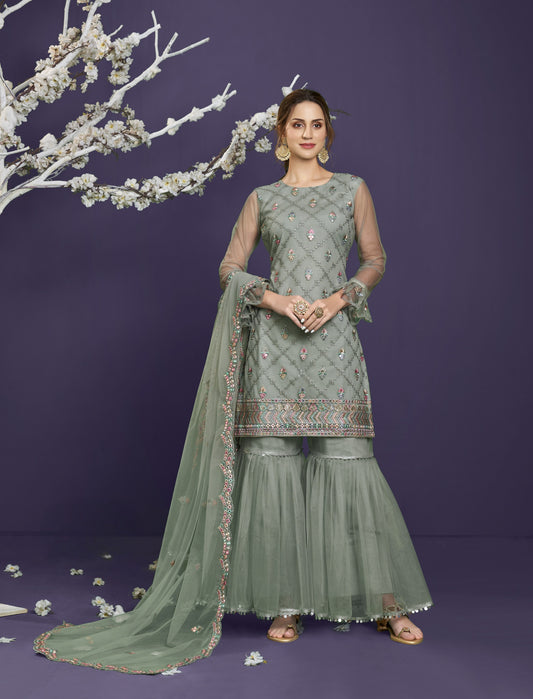 Sage Green Heavy Embroidered Georgette Gharara Set