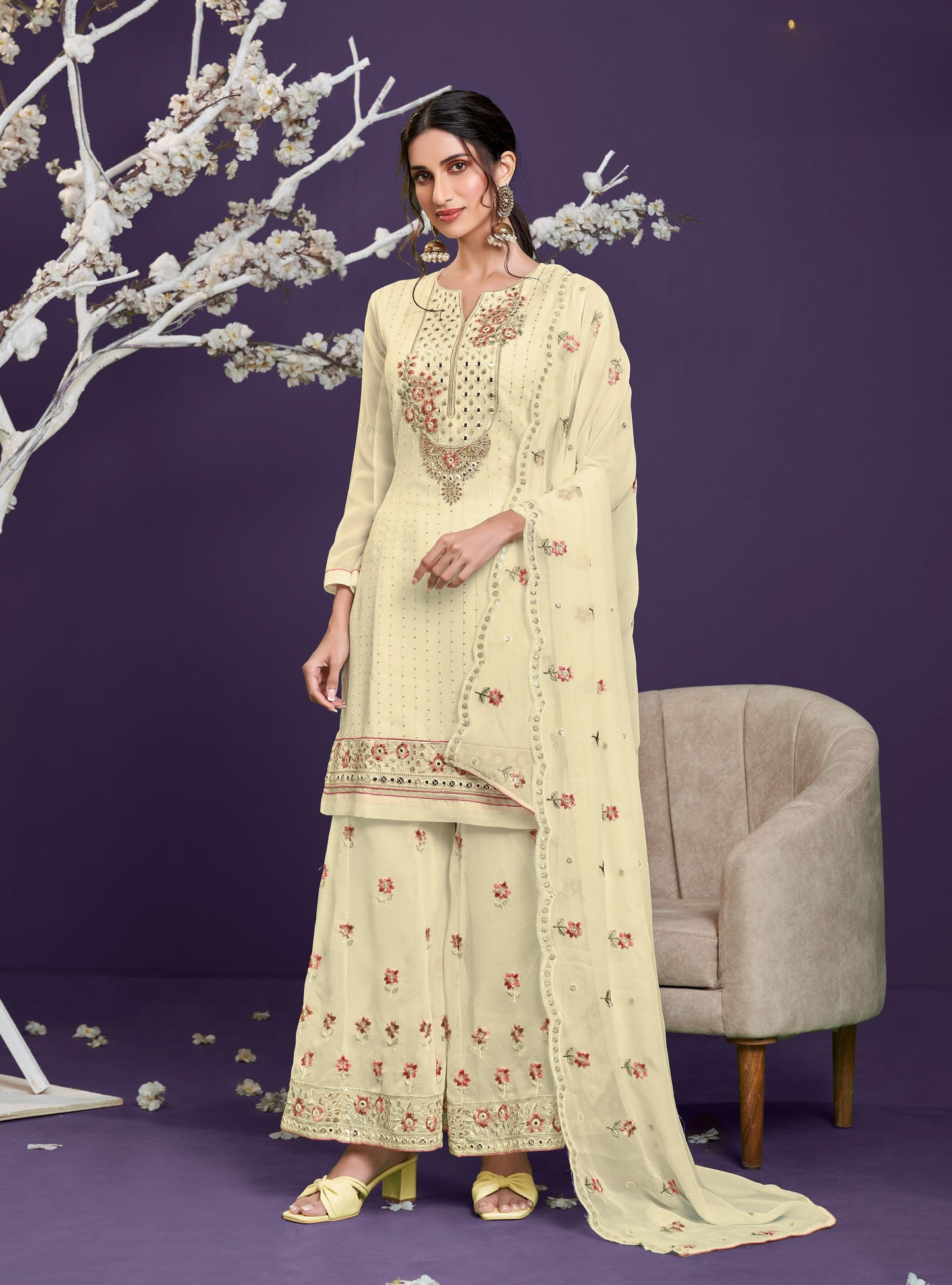 Lime Yellow Embroidered Georgette Sharara Set