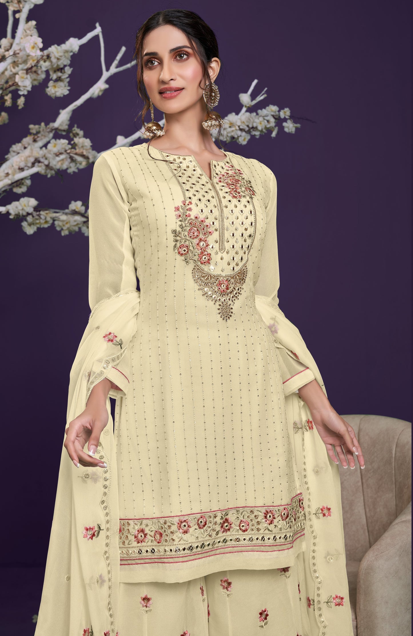 Lime Yellow Embroidered Georgette Sharara Set