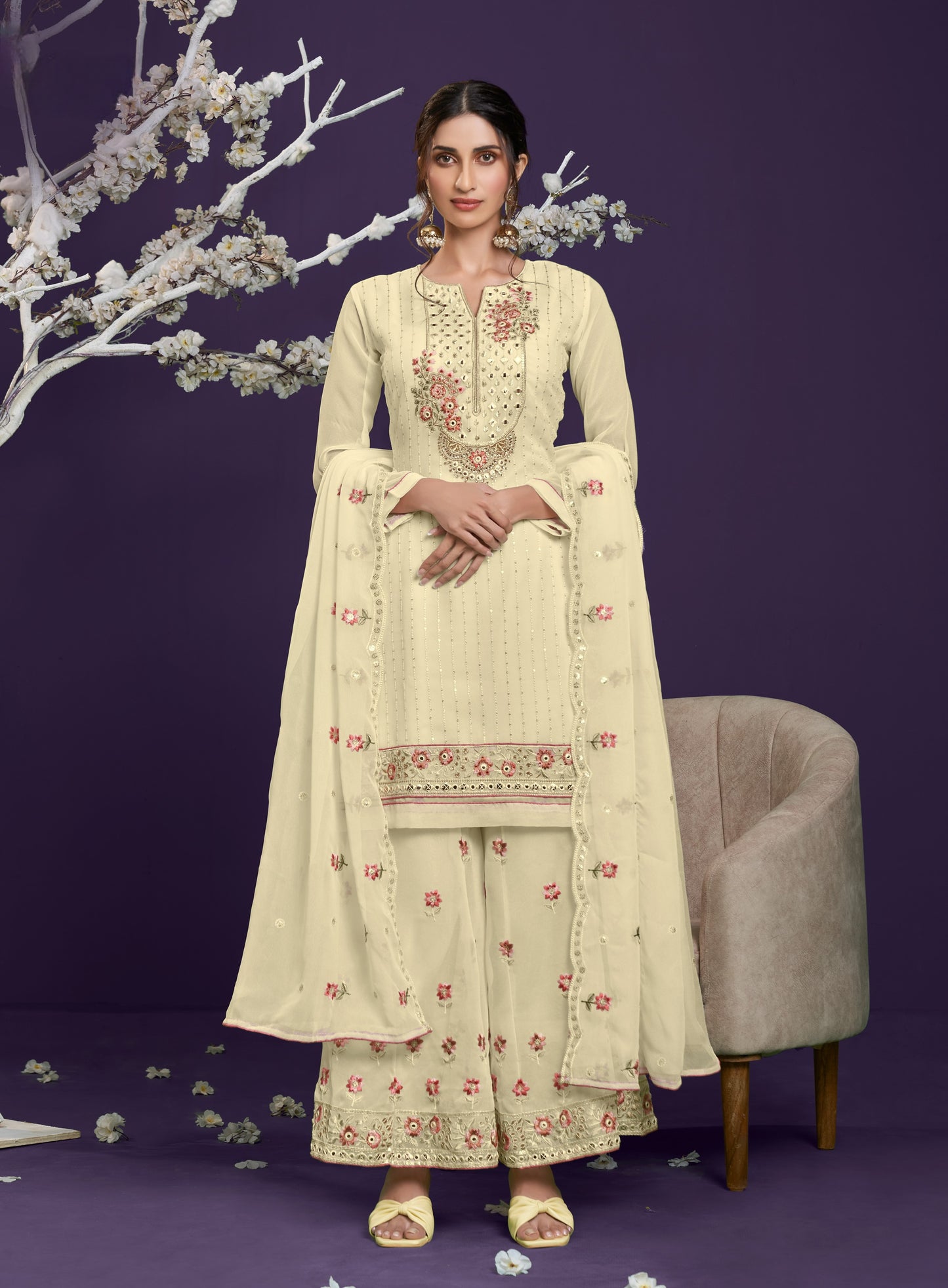 Lime Yellow Embroidered Georgette Sharara Set