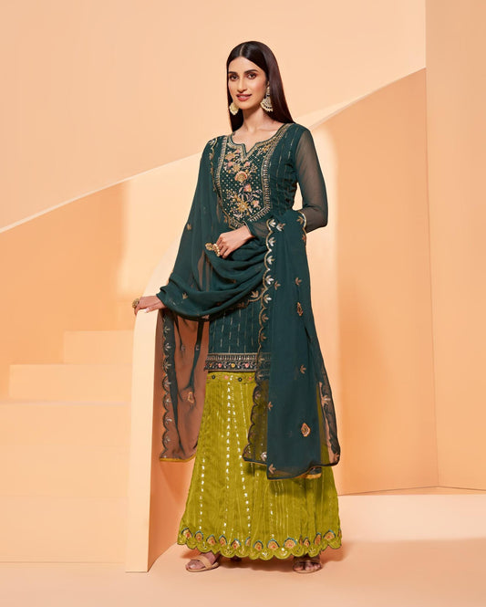 Moss and Mehandi Green Embroidered Georgette Sharara Set