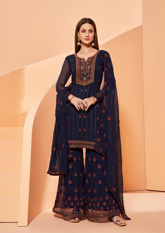 Berry Blue Embroidered Georgette Sharara Set