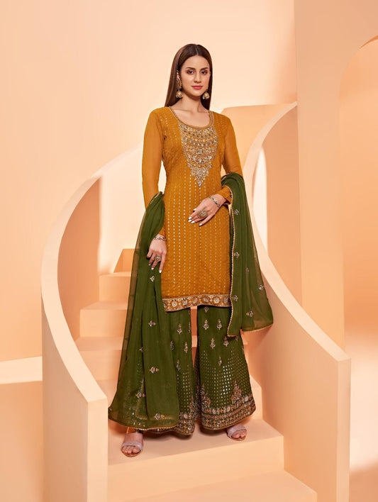 Mustard Yellow Embroidered Georgette Sharara Set