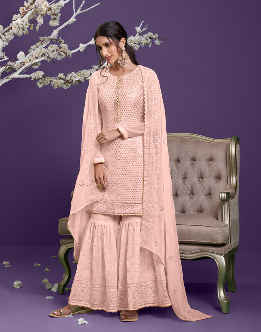 Pastel Peach Embroidered Georgette Sharara Set