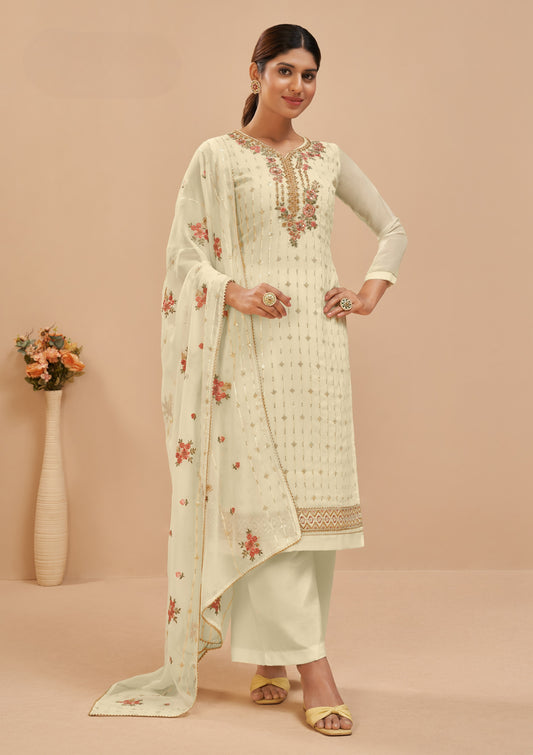 Creamy Yellow Embroidered Georgette Straight Pant Suit