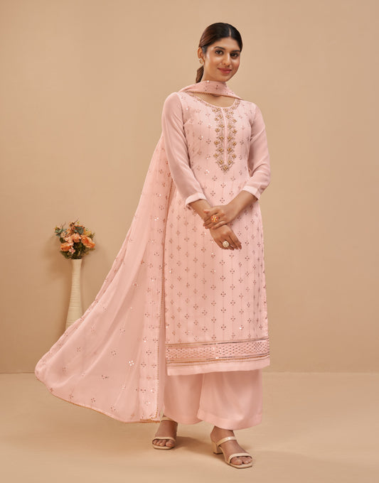 Baby Peach Embroidered Georgette Straight Pant Suit
